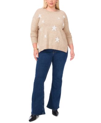 Plus Size Cozy Crewneck Star-Print Dropped-Shoulder Sweater