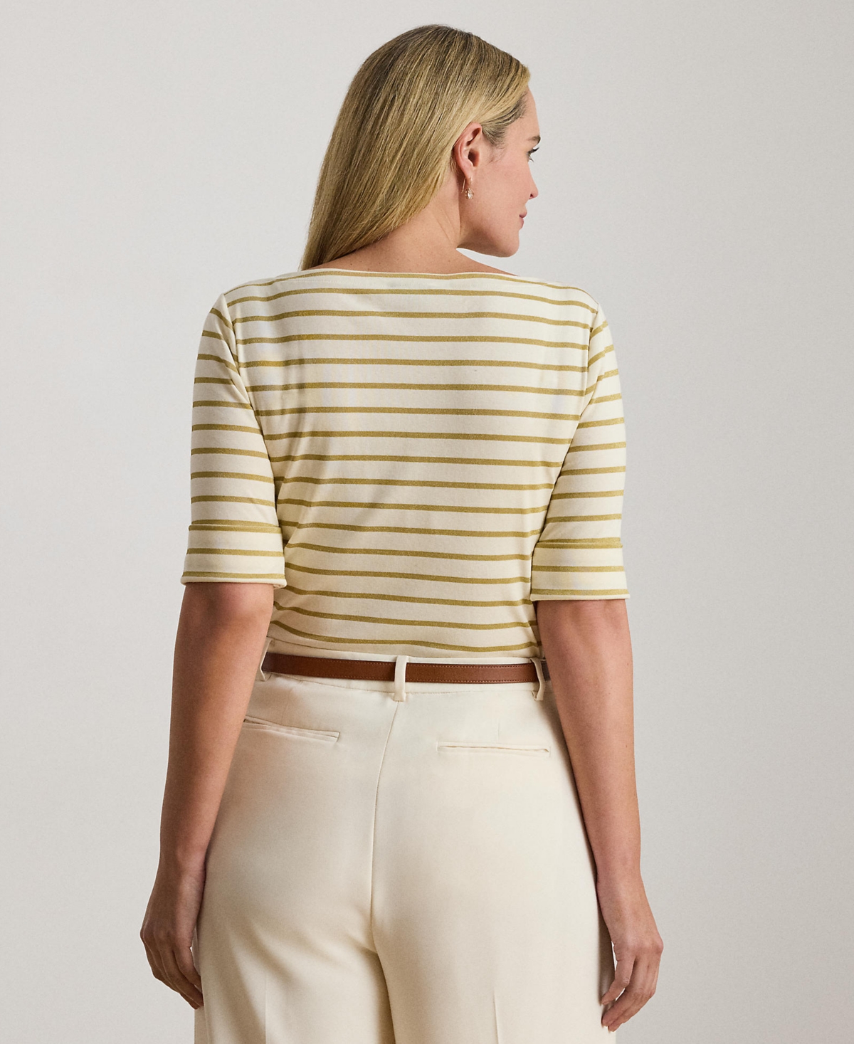 Ralph Lauren Plus Size Metallic Striped Boat Neck T-shirt In Neutral