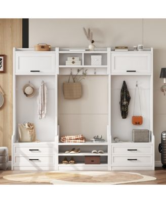 4-in-1 Detachable Hall Tree with Storage and 7 Hooks, Multiple Functions Hallway Coat Rack with Storage Drawers and Cabinet, Shoe Bench