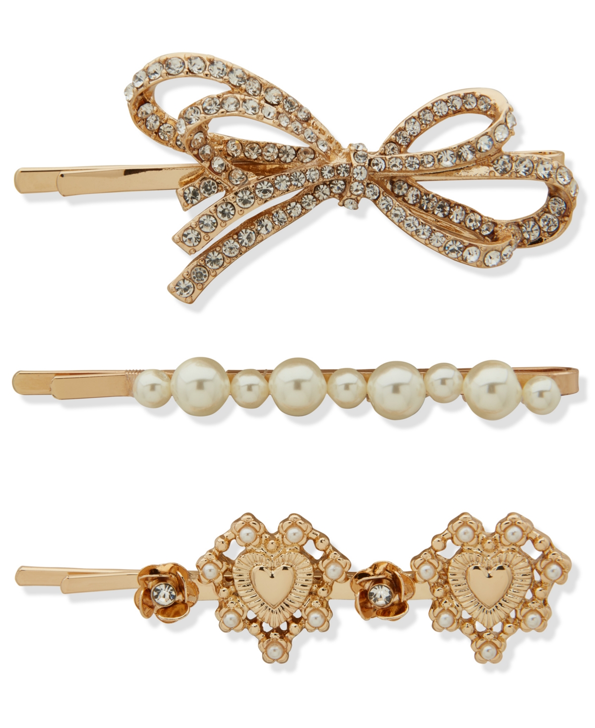 lonna & lilly 3-Pc. Imitation Pearl Gold-Tone Bow Heart Bobby Pin Set