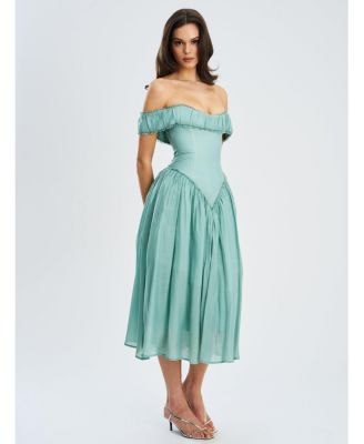 Women's Xavy Teal Green Off Shoulder Corset Midi Dress