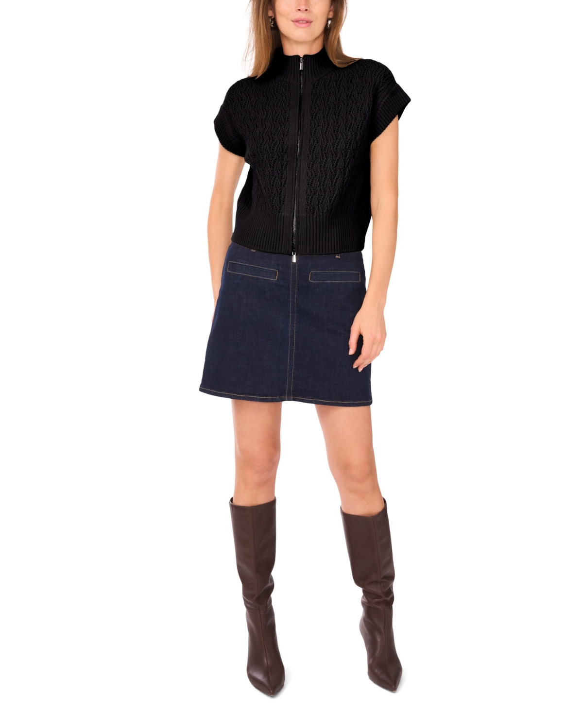 Vince Camuto Women's Pointelle Mock-neck Front Zip Sweater In Black