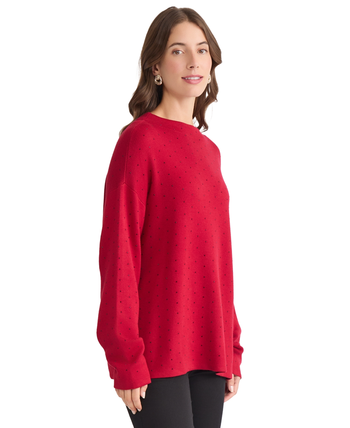 Jones New York Rhinestone Mock Neck Sweater In Red