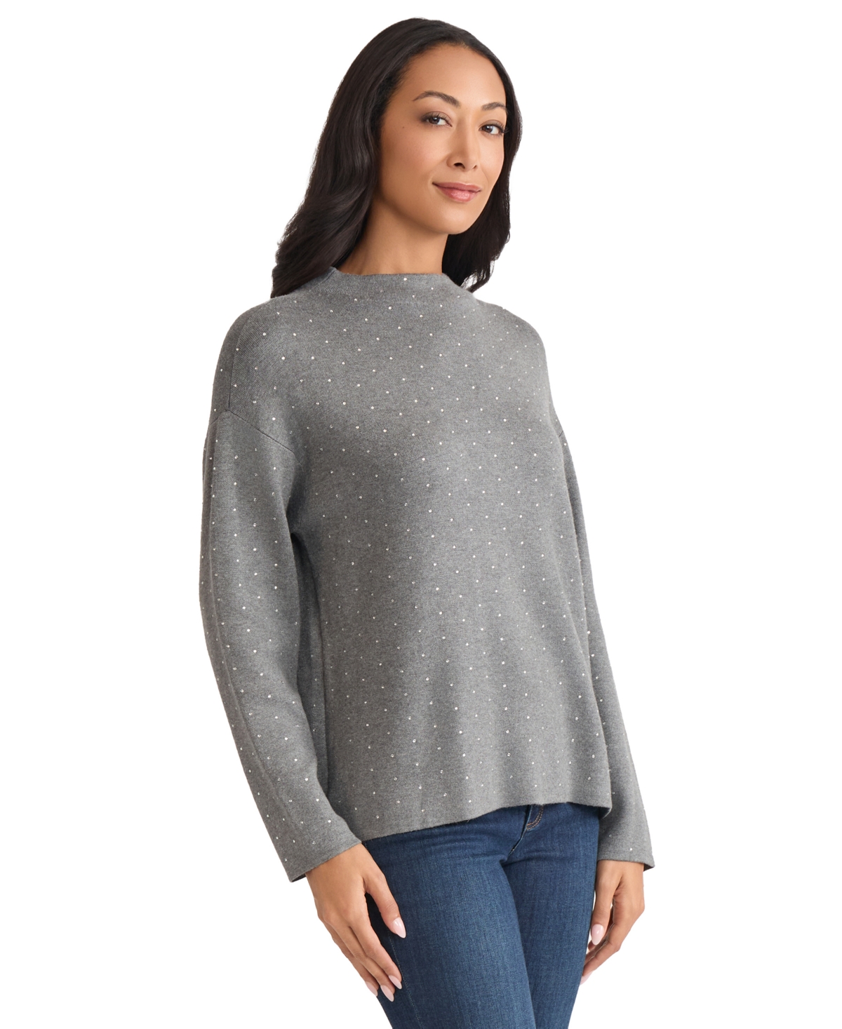 Jones New York Rhinestone Mock Neck Sweater In Gray