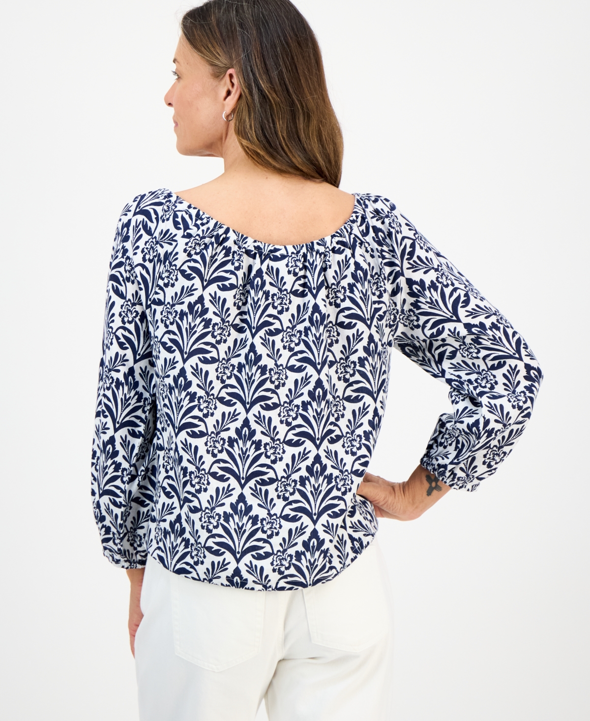 Charter Club Petite Tile Print 3/4-Sleeve Gathered-Hem Top, Macy's Exclusive