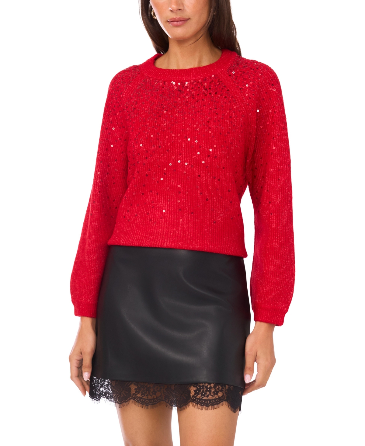Vince Camuto Women's Cozy Crewneck Sequined Raglan-sleeve Sweater In Red