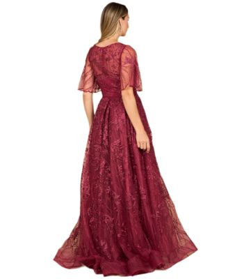 Women's Overskirt Lace Fitted V-Neck Gown with Cape Sleeves