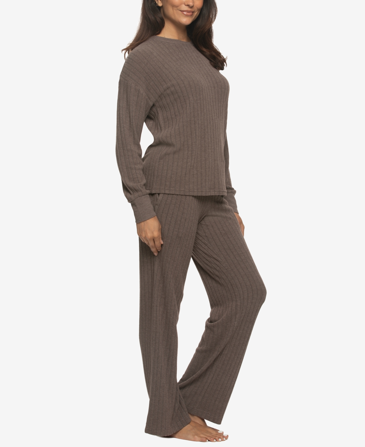 Felina Women's Regular Serena Crew Neck Pullover Brushed Rib Lounge Set In Brown
