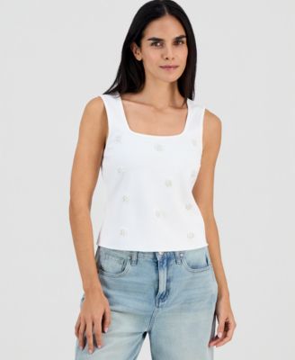 And Now This - Petite Embellished Pearl-Cluster Tank Top