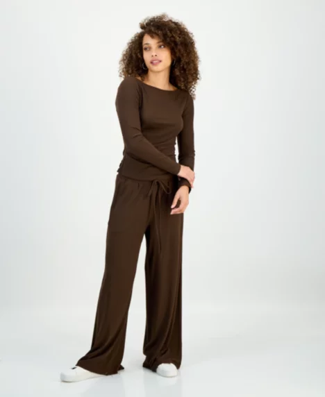 Petite Ribbed Knit High Rise Drawstring Wide-Leg Pants - Coco Oak