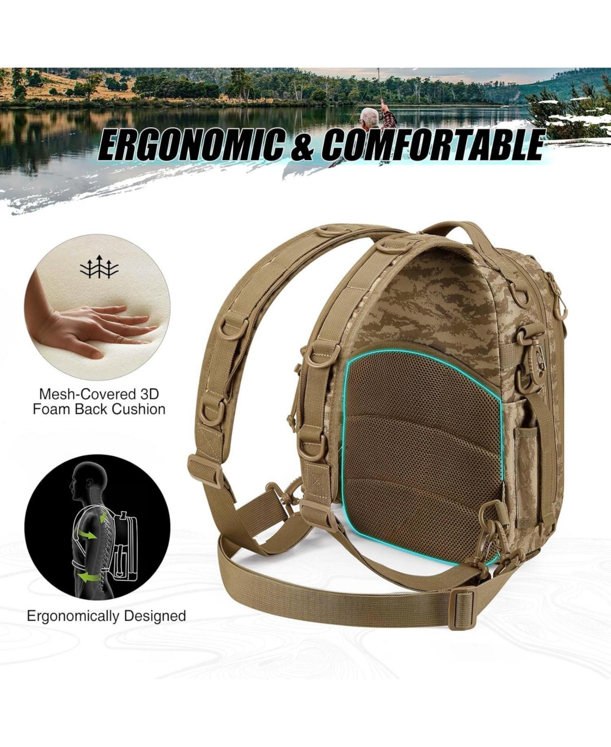 Fishing Backpack with Rod Holder, Lightweight Sling Bag Storge Gear and Equipment