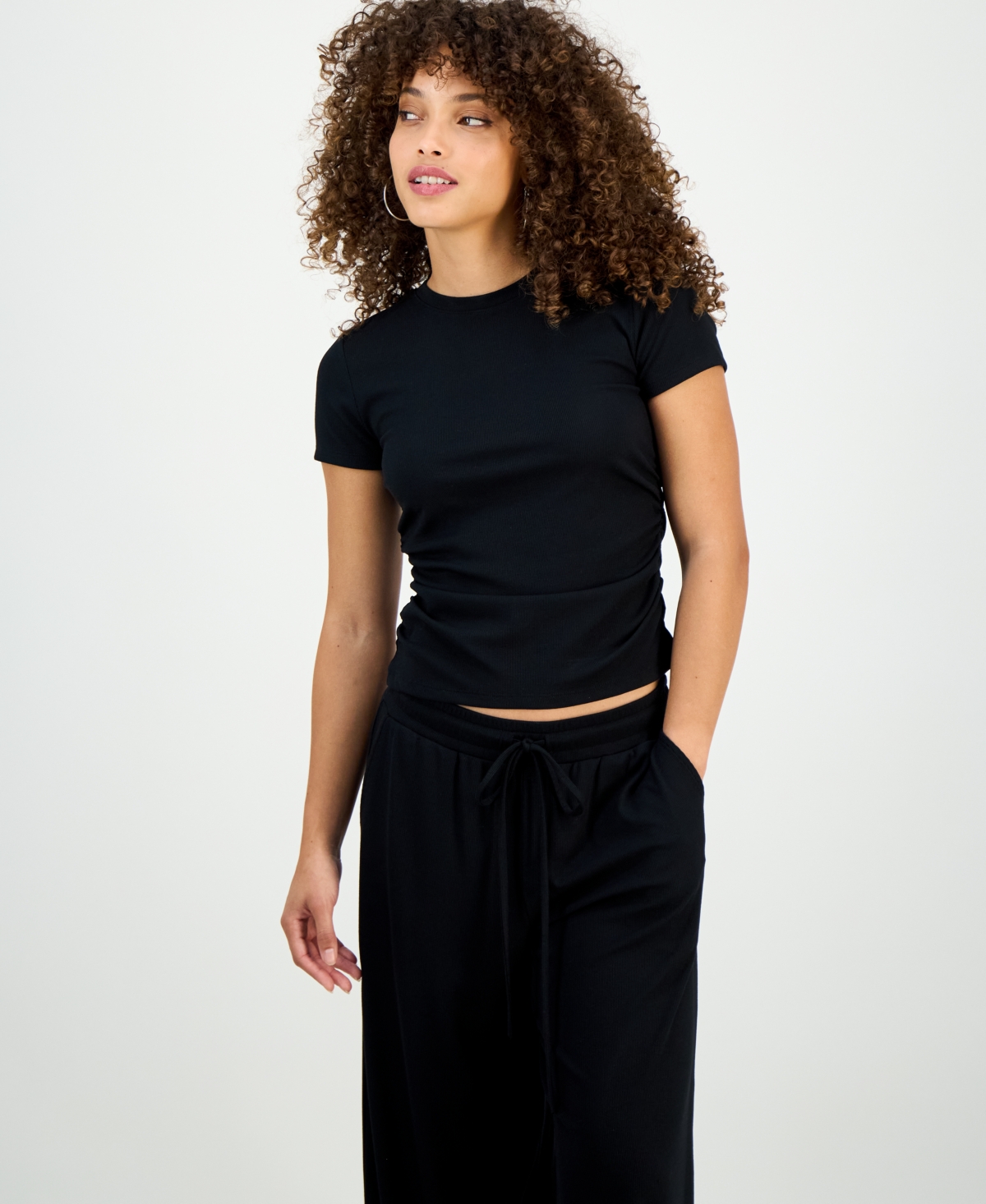 Inc International Concepts Petite Side-ruched Ribbed Knit T-shirt, Macy's Exclusive In Black