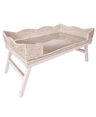Artifacts Trading Company Rattan Scallop Design Breakfast Tray with Wooden Legs & Glass Insert