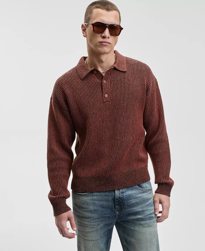 Men's Relaxed Fit Plaited Long Sleeve Polo Sweater