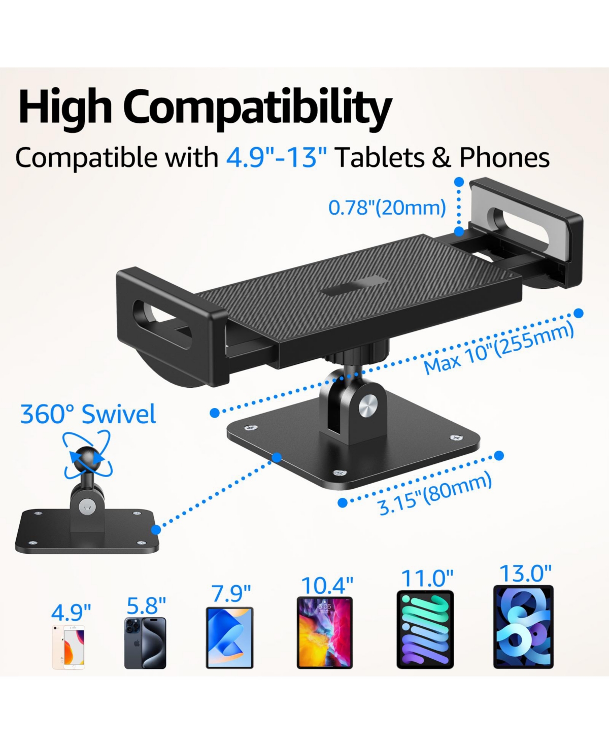 Urmust Tablet Wall Mount Holder, 360° Adjustable, for 4.7-13" Devices, Aluminum Wall Phone Holder, ipad Wall Mount for Home Office & Public