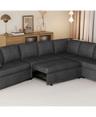 124.8'' L-Shaped Pull Out Sleeper Sofa Bed with USB Ports & Power Outlets, Convertible Sectional Couch for Living Room