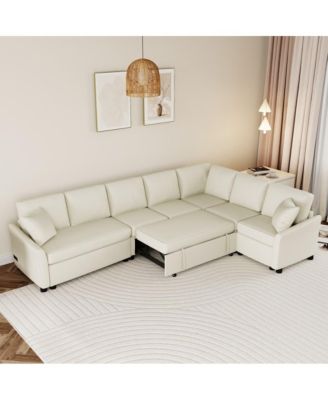 124.8'' L-Shaped Pull Out Sleeper Sofa Bed with USB Ports & Power Outlets, Convertible Sectional Couch for Living Room