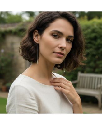 Geometric Minimalist Elegance Long Thin Chain Simple Four Bead Ball Threader Earrings .925 Sterling Silver