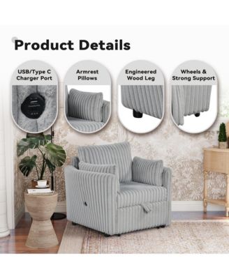  1 Pc  Fabric Upholstered, USB-A & USB-C Ports, Pillows  Pullout Sleeper, Space-Saving Design  Convertible Sofa Bed Chair
