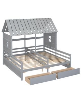 Twin Size House Platform Beds with Two Drawers for Boy and Girl Shared Beds, Combination of 2 Side by Side Twin Size Beds