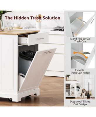 Fluted Kitchen Island with Trash Can Cabinet, Power Outlet, 3 Drawers, Open Racks, Fits 10 Gallon Bin, Wheels