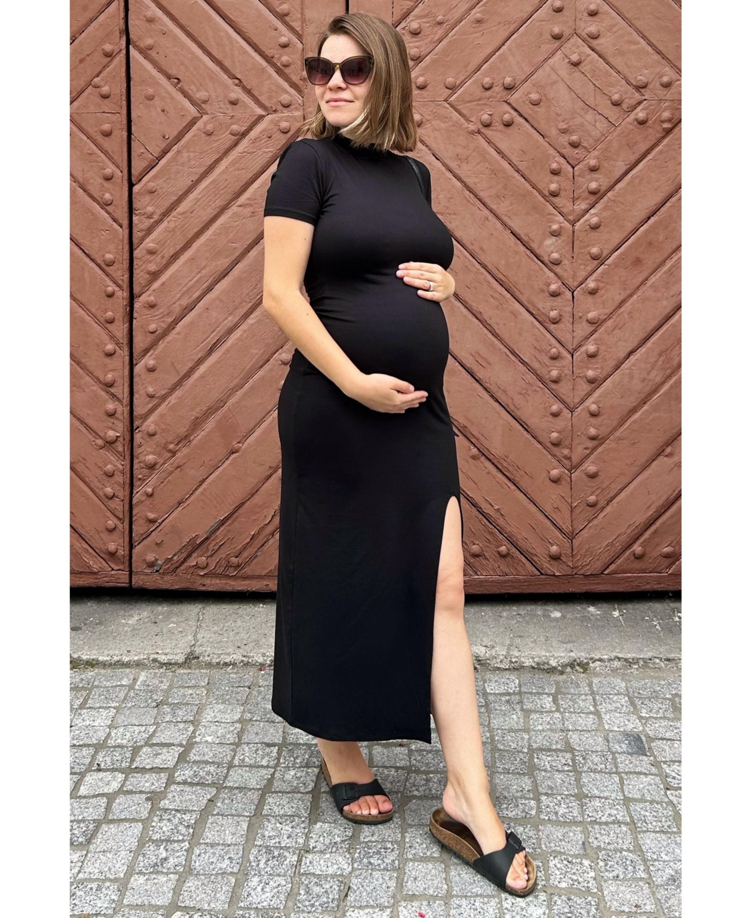 Women's Black Mock Neck Front Slit Short Sleeve Maxi Dress