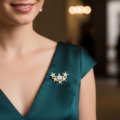 Set of 2 Large Celestial Rock Star Crystal Stars Brooch Pin Silver Gold Plated