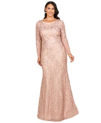 Women's Long Sleeve Gown with Overskirt & Illusion Neckline