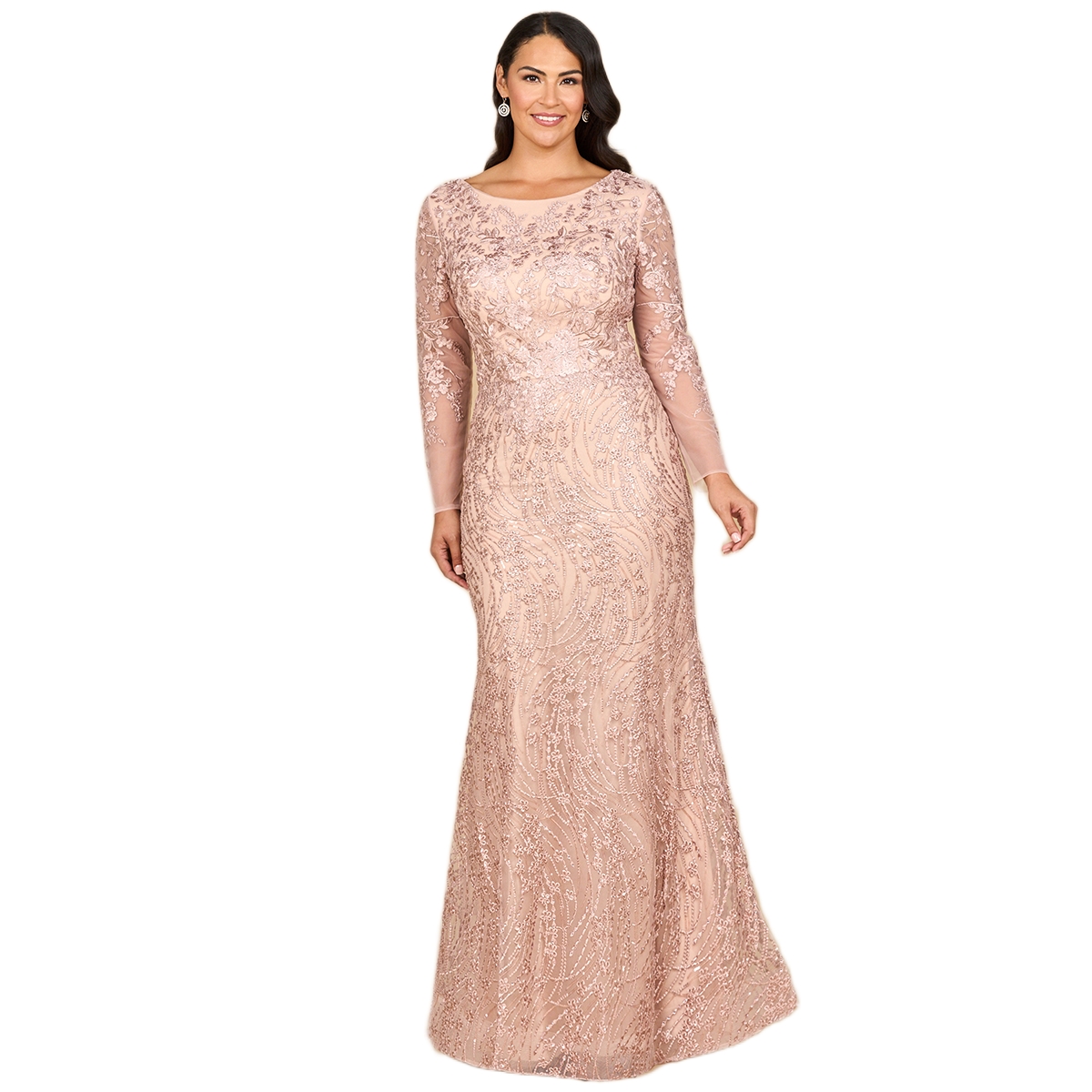 Lara Women's Long Sleeve Gown with Overskirt & Illusion Neckline
