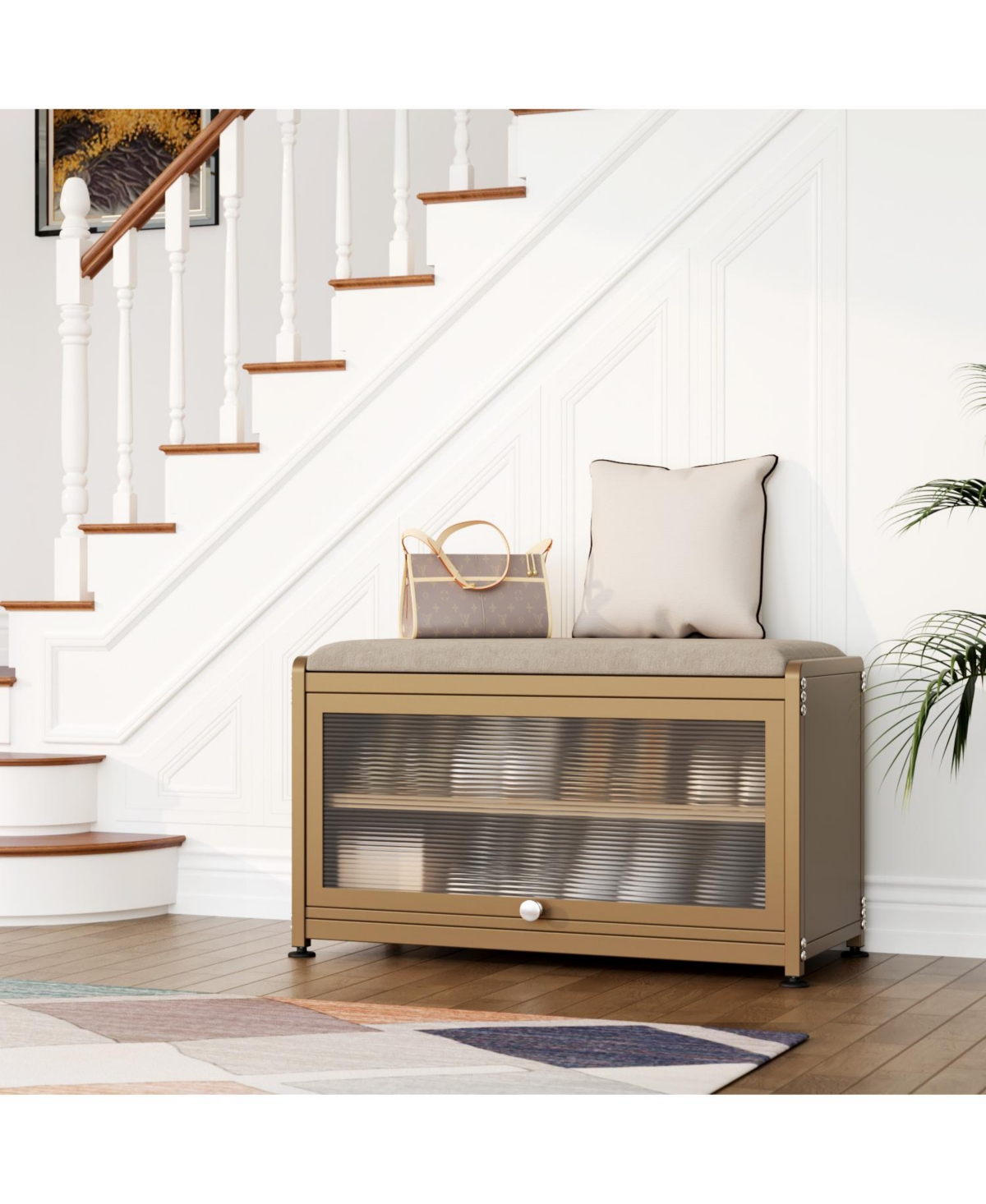 Mega Casa Shoe Storage Bench with Cushion, Modern Flip-Down Cabinet & Sturdy Metal Frame for Entryway Seating