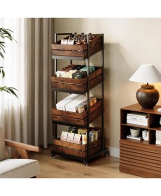 4-Tier Wooden Kitchen Cart with Wheels, Mobile Fruit and Vegetable Storage, Utility Shelf