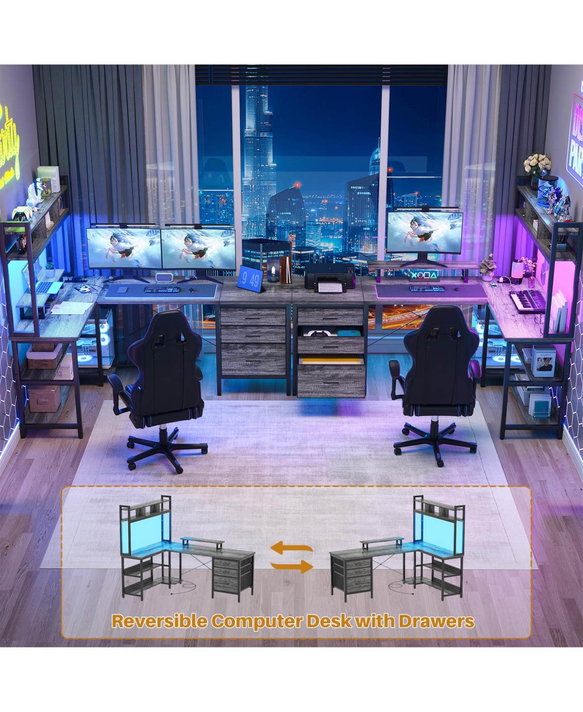 Aheaplus 59'' W L-Shaped Computer Desk with Tall Hutch,Corner