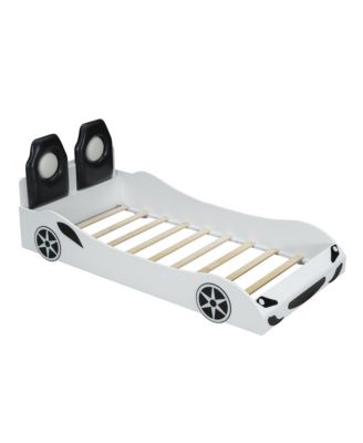 Wood Twin Size Race Car-Shaped Platform Bed with LED and Upholstered Backrest, White