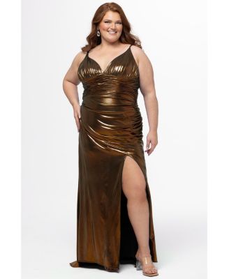 Women's Chocolate Metallic Body-Con Gown with Slit
