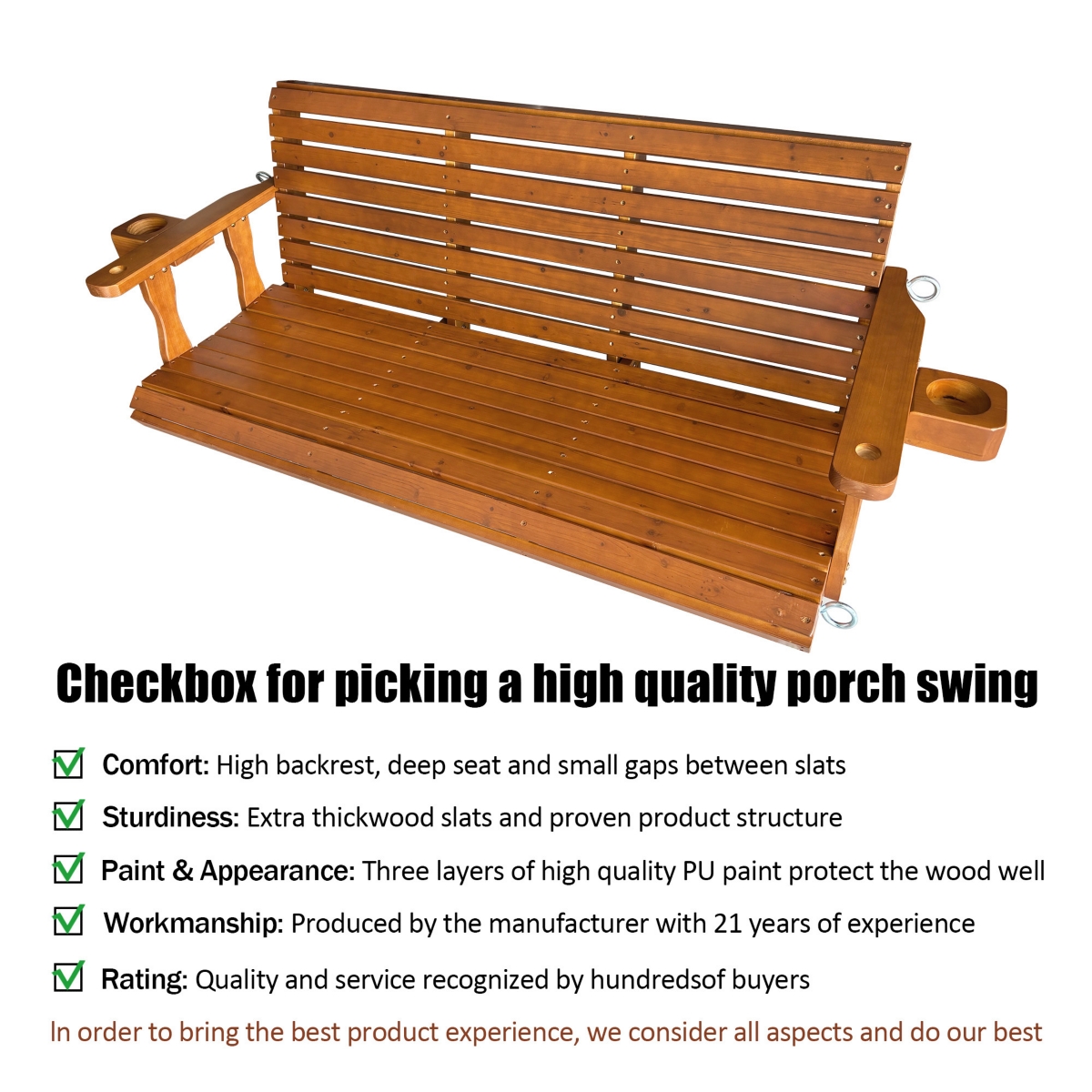 Mega Casa Wooden Porch Swing 3-Seater, High Backrest and Deep Seat, Bench Swing with Cupholders, for Outdoor Patio Garden (Cedar Tone, 5 Ft Extra Larg