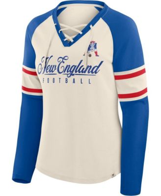 Women's Cream/Royal New England Patriots Hometown Gridiron Hero Raglan Lace-Up V-Neck Long Sleeve T-Shirt