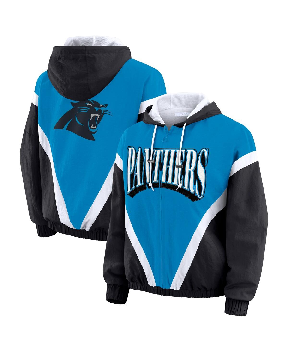 Wear By Erin Andrews Women's Blue/black Carolina Panthers Retro Crinkle Full-zip Hoodie Windbreaker Jacket
