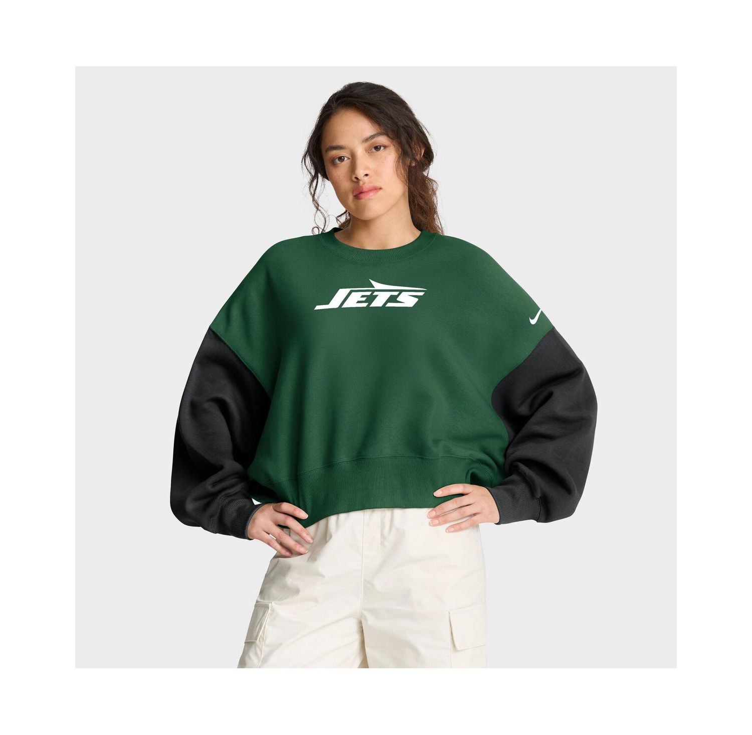 Women's Green New York Jets Oversized Color-Block Pullover Sweatshirt