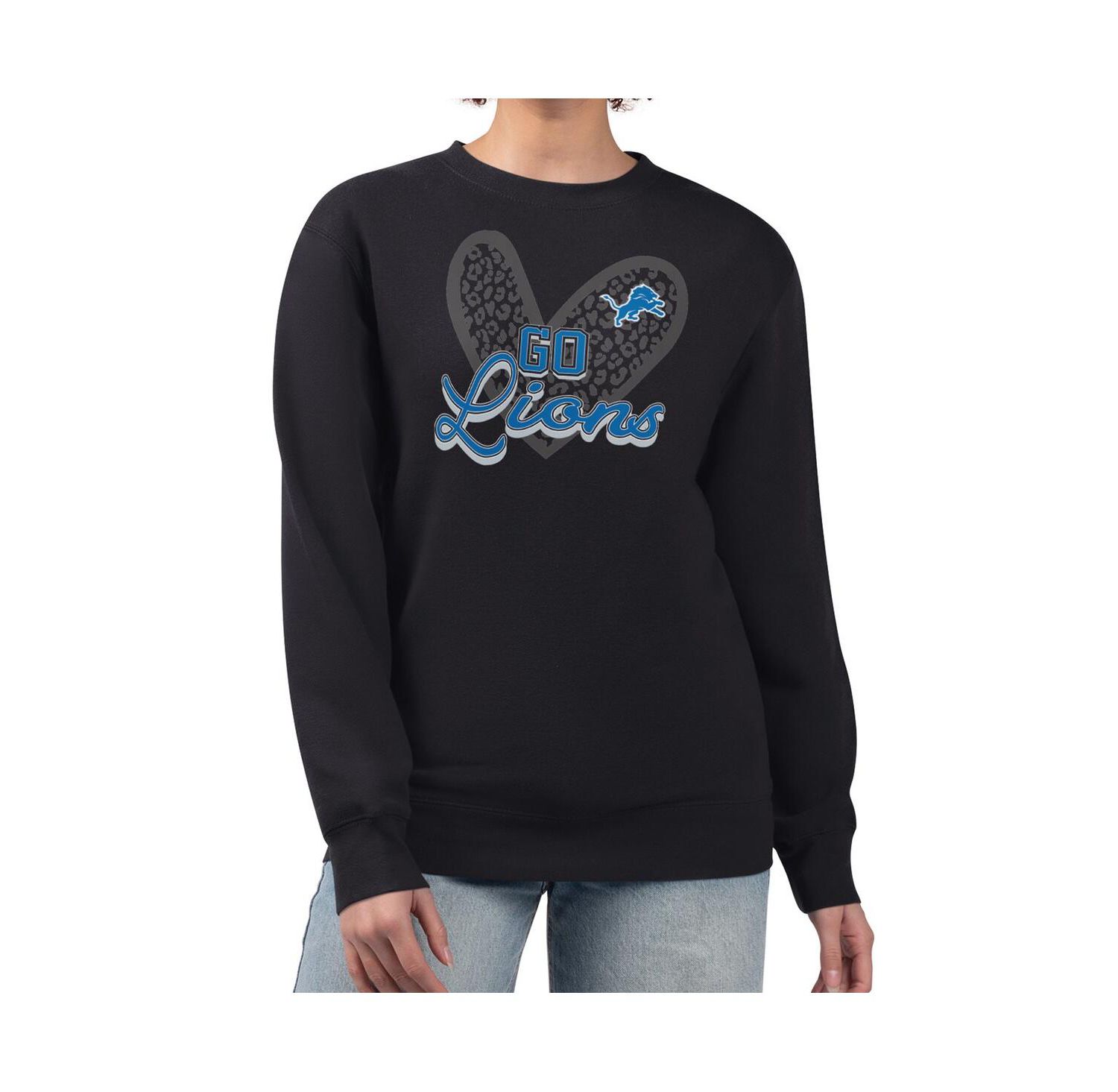 Women's Black Detroit Lions Leopard Heart Pullover Sweatshirt