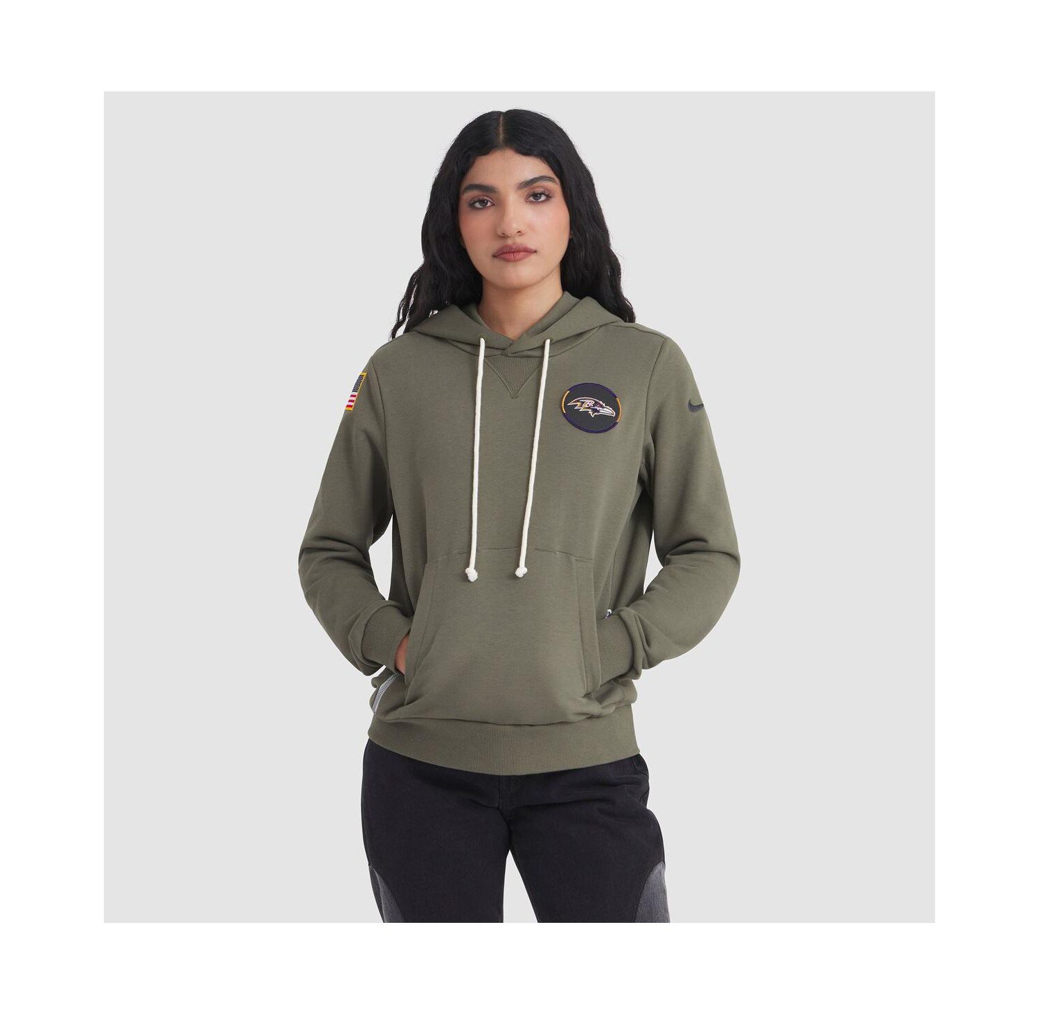 Women's Olive Baltimore Ravens 2025 Salute to Service Sideline Standard Issue Dri-FIT Hoodie