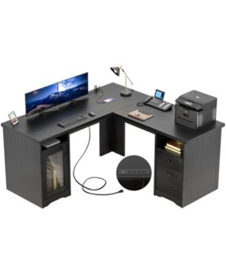 L Shaped Desk with Charging Station, Computer Desk Workstation with File Cabinet and Drawers for Office