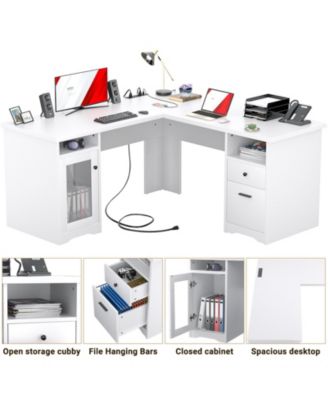L Shaped Desk with Charging Station, Computer Desk Workstation with File Cabinet and Drawers for Office