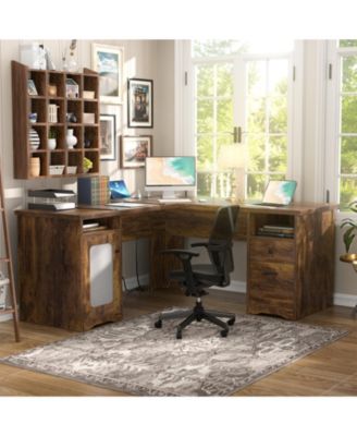 L Shaped Desk with Charging Station, Computer Desk Workstation with File Cabinet and Drawers for Office