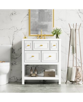 30-Inch Bathroom Vanity with Ceramic Sink Combo, Freestanding Single Vanity, 5 Drawers & Solid Wood Storage