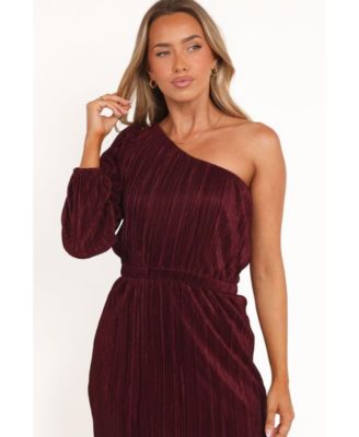 Women's Pontee One Shoulder Pleated Midi Dress - Burgundy