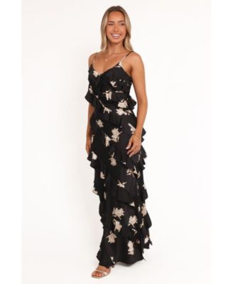 Women's Ciao Ruffles Maxi Satin Dress - Black Floral
