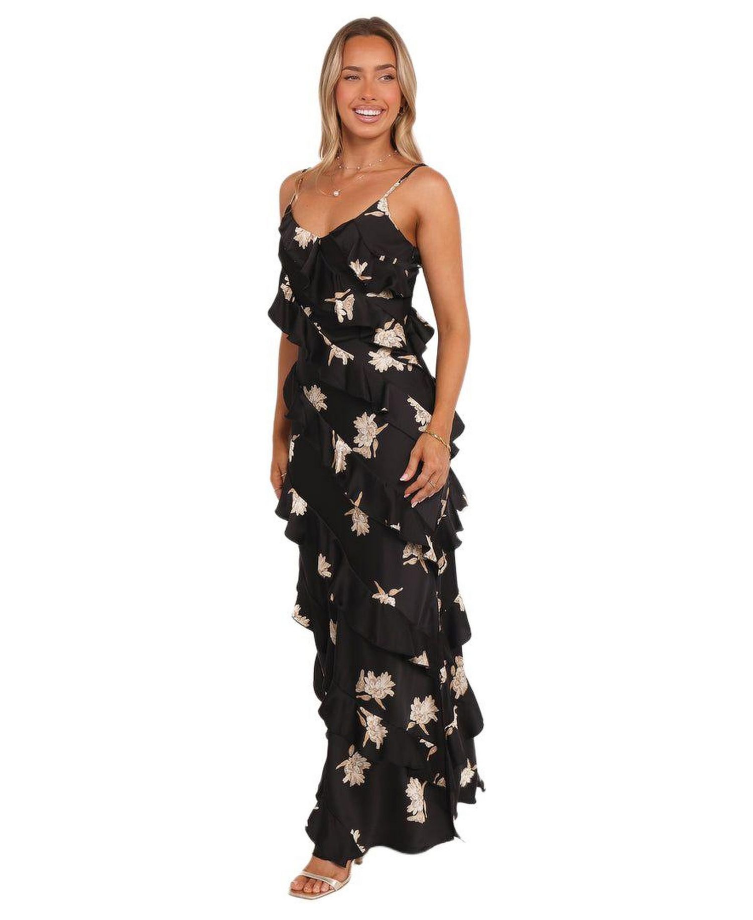 Women's Ciao Ruffles Maxi Satin Dress - Black Floral