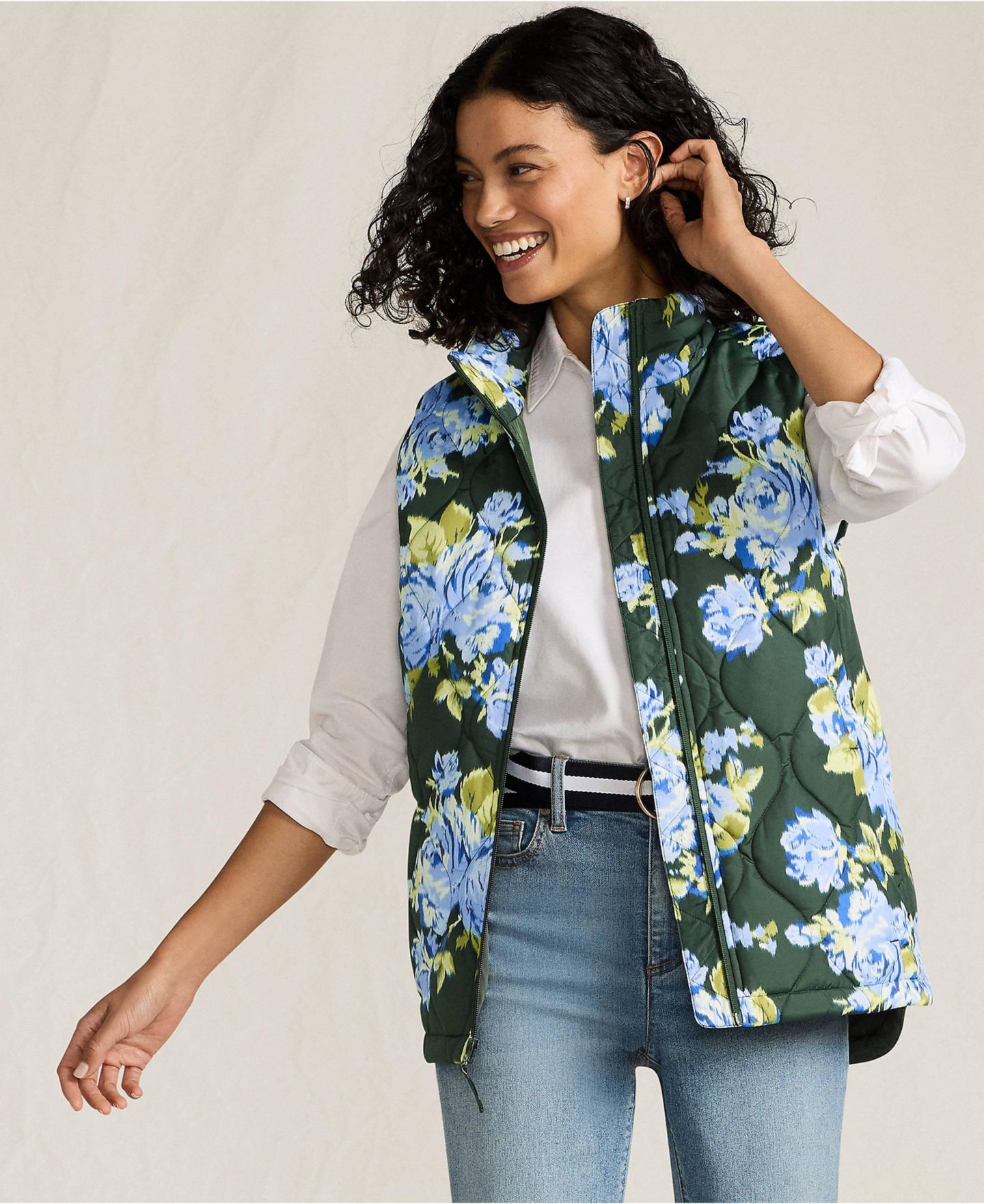 Женский жилет Lands' End Print FeatherFree Quilted Insulated Vest, цвет: Тёмно-зелёный розовый — фото 4