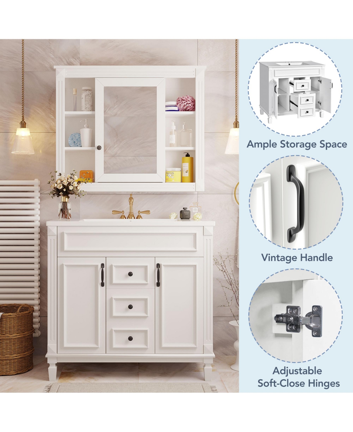 Casainc 36'' Bathroom Vanity with Top Sink, Mirror Cabinet, 2 Soft Closing Doors & Drawers