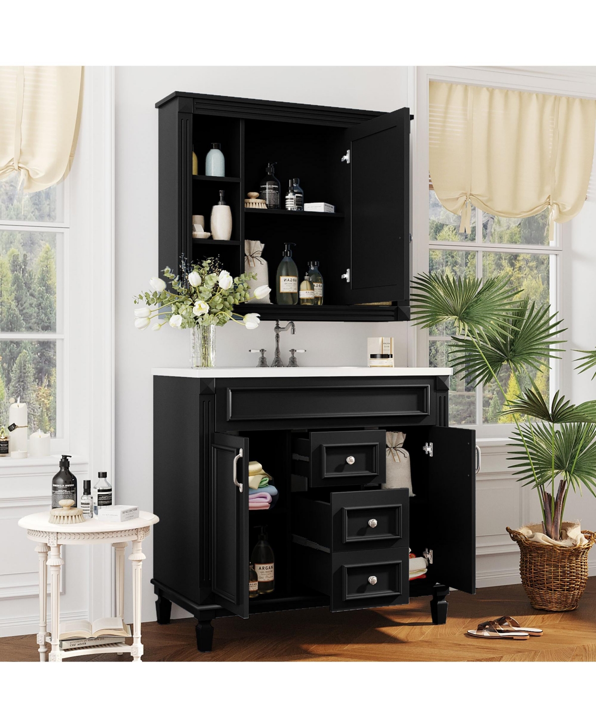 Casainc 36'' Bathroom Vanity with Top Sink, Mirror Cabinet, 2 Soft Closing Doors & Drawers